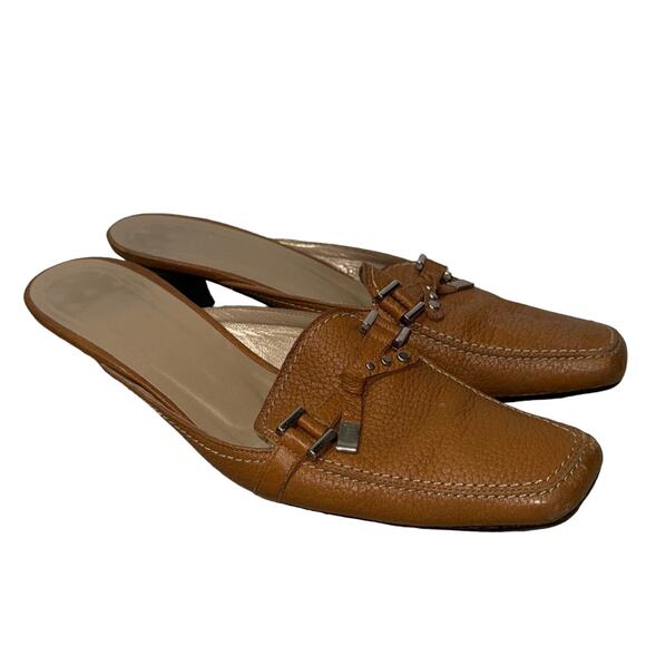 Stuart Weitzman Square Toe Tan Leather Loafer Mules Tan Size 7N - Picture 1 of 10